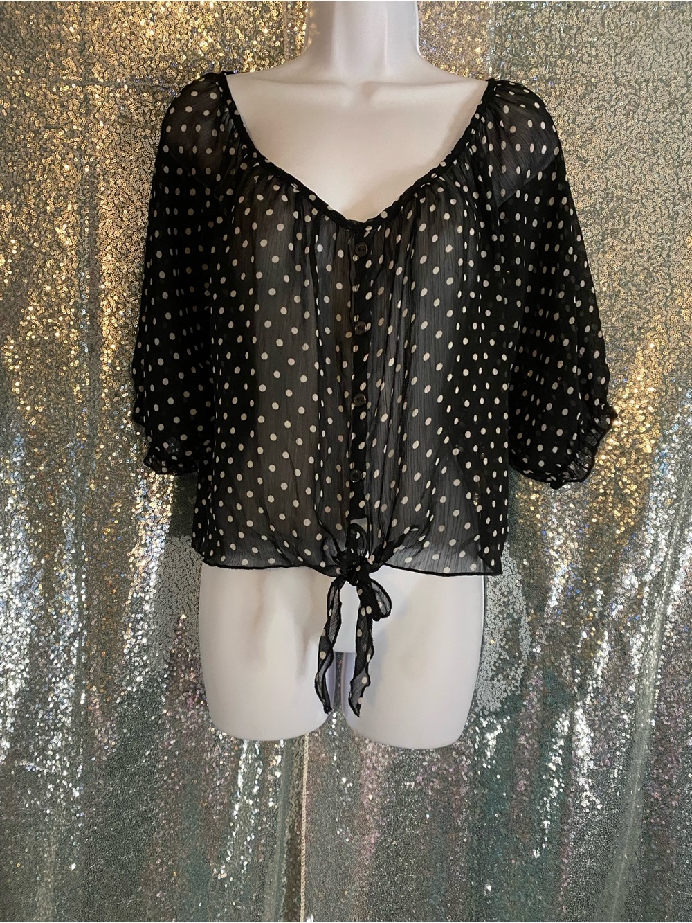 ✨🖤Color of Love| Black & White Sheer Polka dot Tie-Front Blouse-sweet & daring